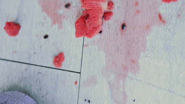 Broken watermelon pieces on the floor