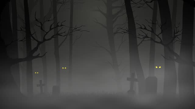 Motion graphics of trees and cemetery in the dark scary woods