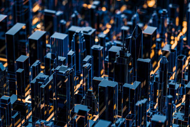 istock High angle view of 3D tech city. Smart city infrastructure, architecture and engineering concept, 3D rendering 1742048057