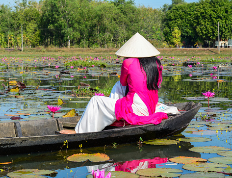 Asian woman in traditional dress (Ao Dai) sitting on the wooden boat in waterlily pond.