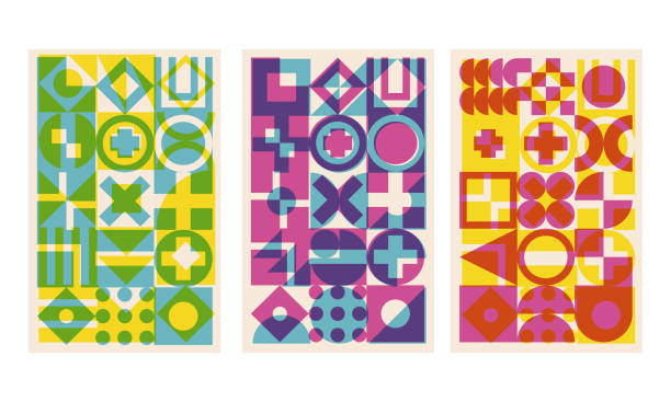 RisoGraph Background Abstract geometric cover set with riso print effect. Bauhaus shapes pattern risograph style riso print stock illustrations