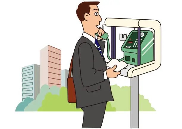 Vector illustration of A businessman calling from a public phone booth in an office district lined with skyscrapers