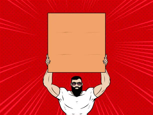 Vector illustration of Vector Closed-up Pop Art Bearded Man Holding a Blank Sign Stock Illustration