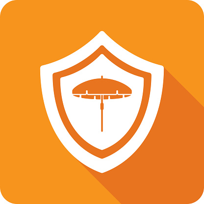Vector illustration of a shield with beach umbrella icon against an orange background in flat style.