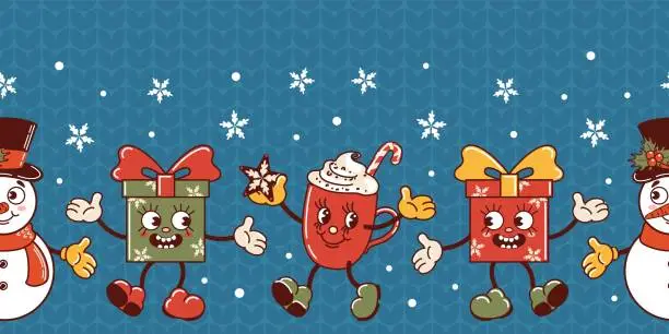 Vector illustration of Snowman, Christmas gift, hot chocolate mug, candy cane. Cute old retro cartoon style characters dancing. Horizontal seamless border. Knitted ugly sweater. Snowfall. wallpaper, packaging, background