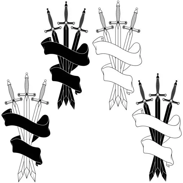 Vector illustration of Medieval swords surrounded with heraldic ribbon
