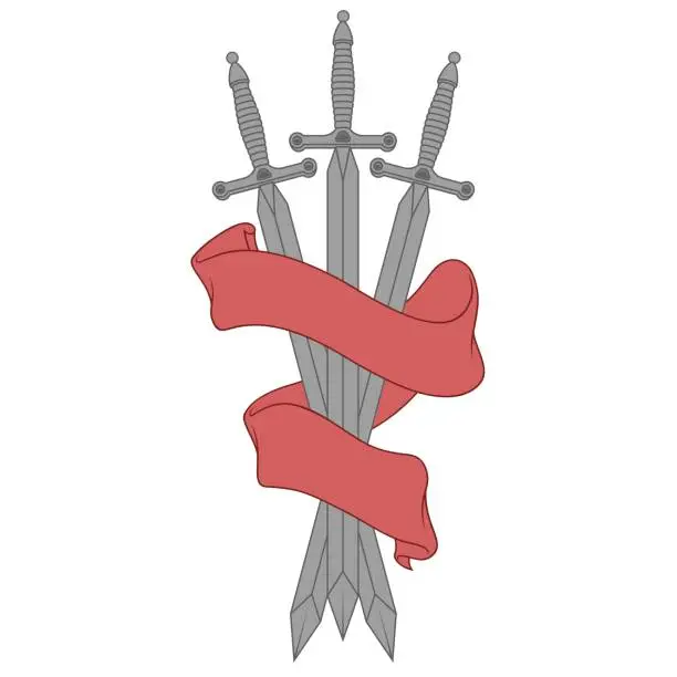 Vector illustration of Medieval swords surrounded with heraldic ribbon