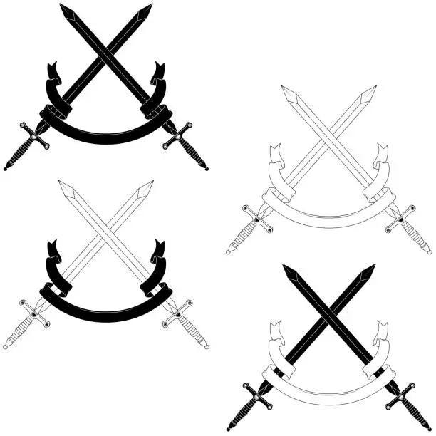 Vector illustration of Medieval swords surrounded with heraldic ribbon