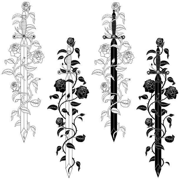 장미 식물로 둘러싸인 고대 검 - 단도 stock illustrations