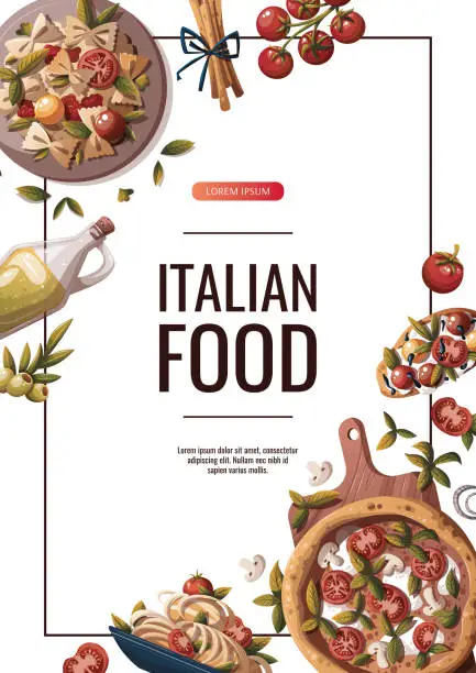 Vector illustration of Flyer design with Italian pizza, pasta, bruschetta, olive oil.