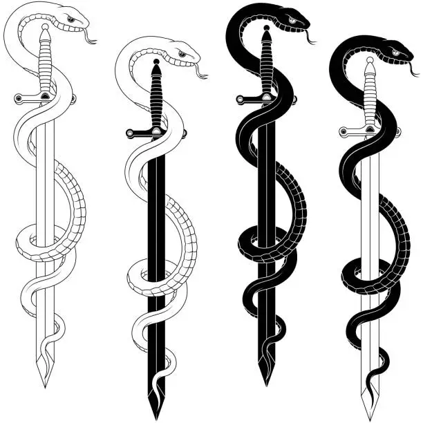 Vector illustration of Ancient sword surrounded by poisonous snake