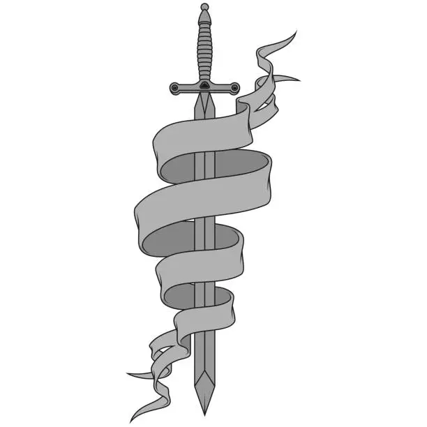 Vector illustration of Ancient sword surrounded by a scroll