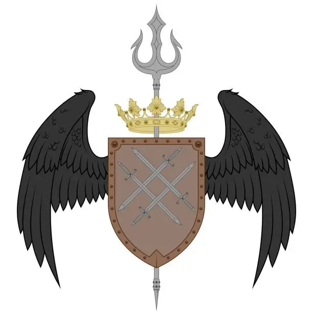 Vector illustration of Winged Coat of Arms with trident and crown
