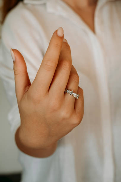istock Young woman's hand wearing a diamond ring. wedding accessories bride. 1742117991