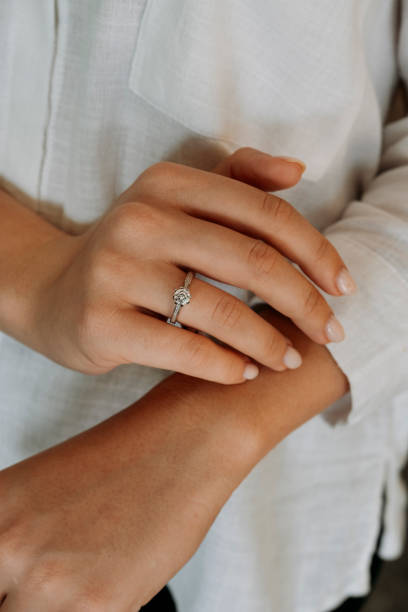 istock Young woman's hand wearing a diamond ring. wedding accessories bride. 1742118003
