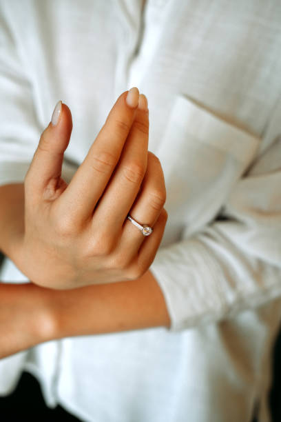 istock Young woman's hand wearing a diamond ring. wedding accessories bride. 1742118005