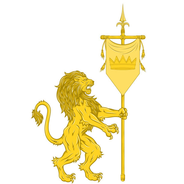 векторный дизайн льва с вымпелом - coat of arms nobility lion spain stock illustrations