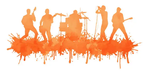 Vector illustration of Watercolor silhouette musical group or rock band playing a concert