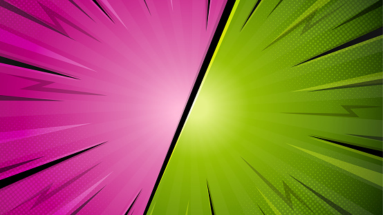 Bright versus comic style background with lightning and halftone effect. Retro comic pink and green background.