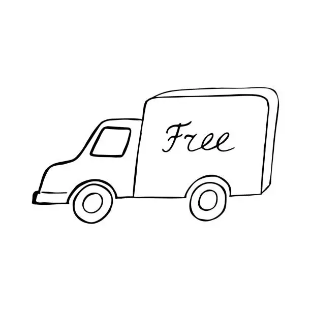 Vector illustration of Free shipping. Van, car - vector icon in doodle style on a white background.