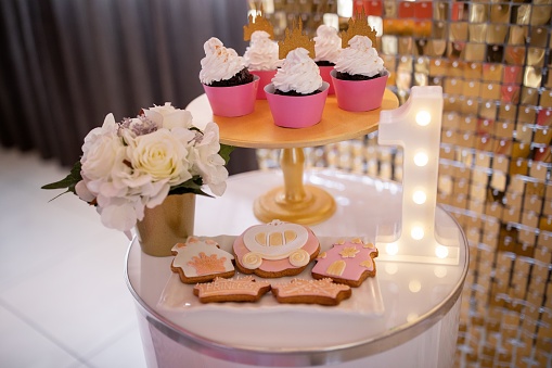 Close-up shot of cupcakes in candy bar without people