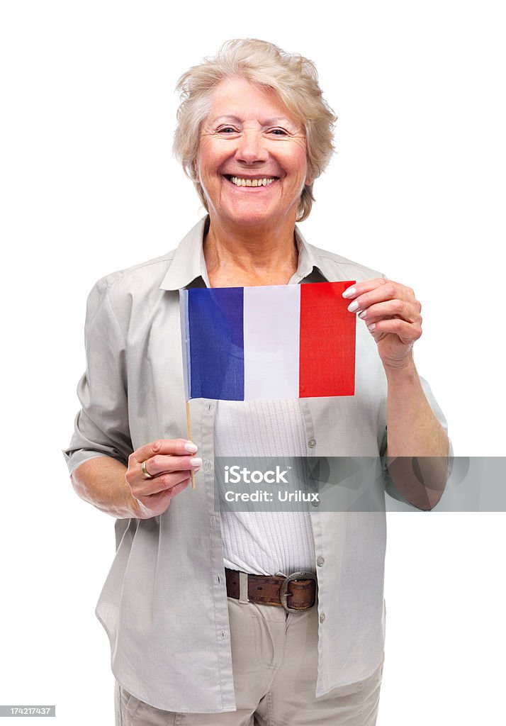 Jolie vieille femme tenant un drapeau de la France - Photo de Adulte d'âge mûr libre de droits