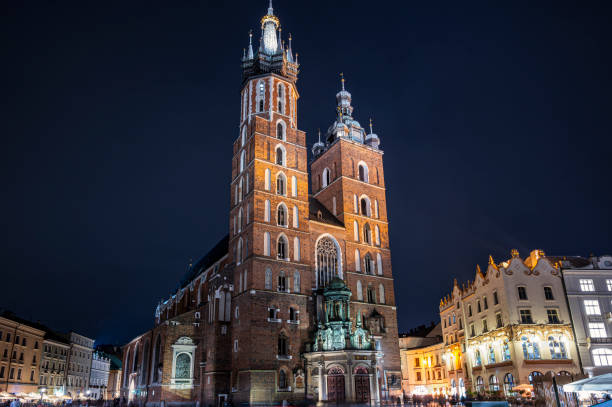 St. Mary's Basilica at night in Krakow, Poland