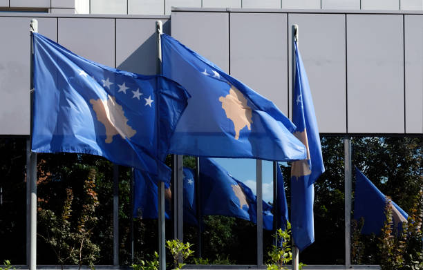 istock Kosovo national flags waving in the wind 1742192984