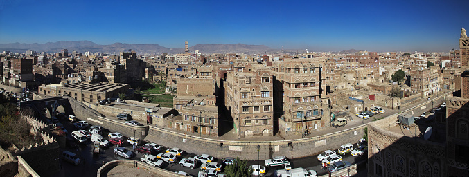 Multi-storey traditional buildings made of stone in Sanaa, Yemen