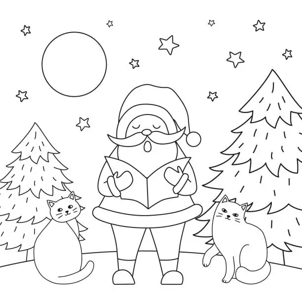Vector illustration of Santa Claus and cats. Christmas illustration for a coloring book.