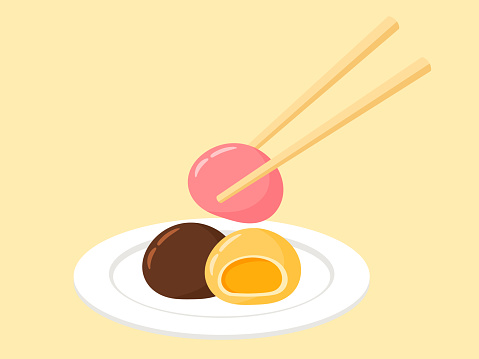 Cartoon Opened Mochi Daifuku in Plate with Chopsticks Japanese Food Dessert in Strawberry, Orange, Mango, Chocolate Flavors Matcha Icon Doodle Vector Illustration Isolated on White Background