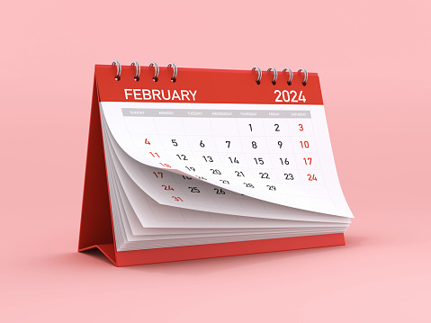 Red 2024 February Monthly Desktop Calendar Isolated on Pink Background (Clipping path for Calendar)