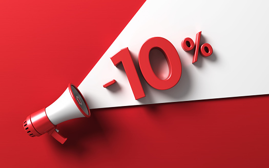 10% Discount sale Written Speech Bubble and Red Megaphone on Red Background stock photo