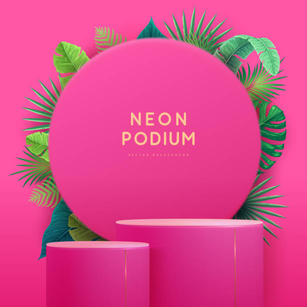istock Pink showcase background with 3d podium and tropic leaves. Summer nature concept. Vector illustration 1742247506