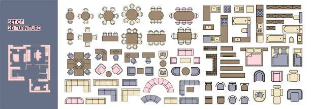 Vector illustration of Furniture for the floor plan. Top view tables, beds, chairs, sofas, wardrobes, kitchen furniture, etc. Perfect for interior mood boards and planning sketches. Architectural.