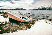 View on the Møklandsfjord on the Vesteralen island in Norway during winter.