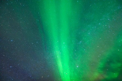 Norhtern Lights or aurora  over Nykvag beach with a starry sky in Northern Norway during a cold winter night.