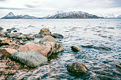 View on the Møklandsfjord on the Vesteralen island in Norway during winter.