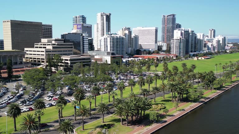 Aerial view of Perth Cityscape and Swan River, Australia