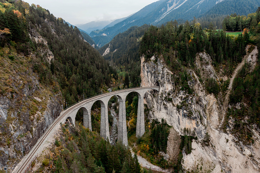 aerial view on Landwasserviadukt railroad bridge in Switzerland