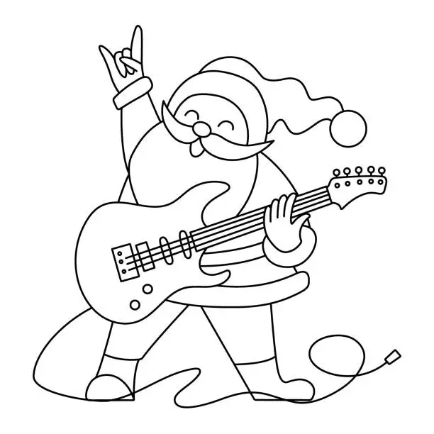 Vector illustration of Santa Claus plays the electric guitar. Fun illustration for a coloring book. Line drawing.