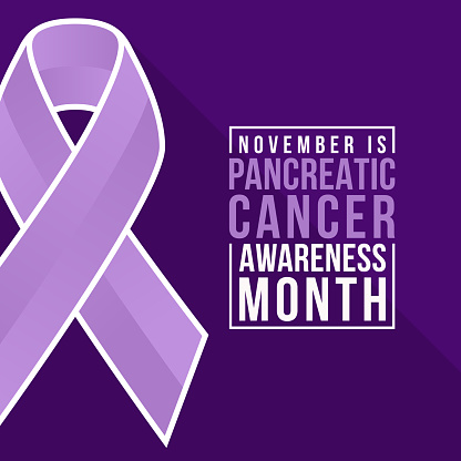 November Pancreatic Cancer Awareness Month - text in white frame and big purple pancreatic cancer awareness ribbon sign on dark purple background vector design