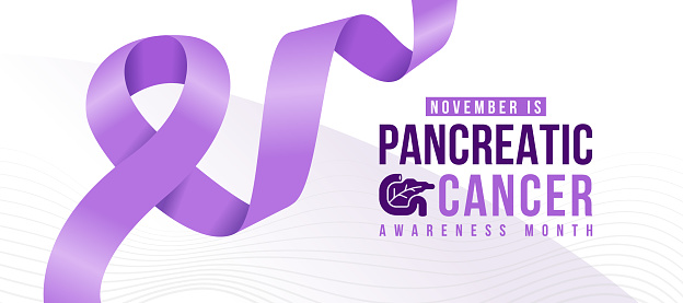 Pancreatic cancer awareness month - Text with Pancreatic sign and purple ribbon awareness vector design