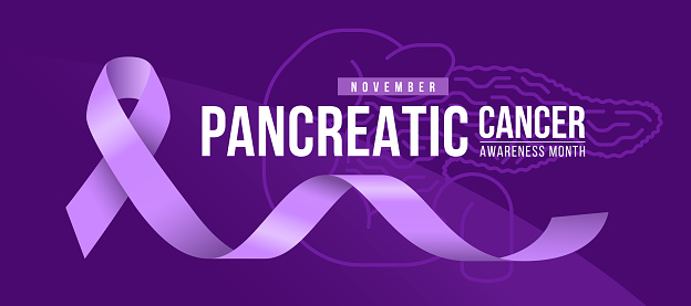 Pancreatic cancer awareness month - Text and purple ribbon awareness on lines pancreatic sign texture and dark purple background vector design
