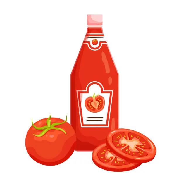 Vector illustration of Tomato ketchup bottle, isolated glass or plastic container with paper label and cap