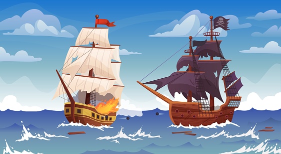 Ships battle. Sea vessels war, old pirate brigantine ship cannon shooting to frigate or galleon cartoon boat shipwreck marine battles adventure game, ingenious vector illustration