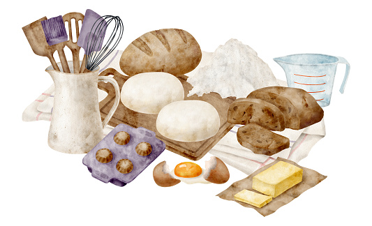 Homemade baking illustration. Watercolor composition with pastry ingredients and utensils isolated on white background. Hand drawn flour, butter, fresh bread, whisk, spatula. Kitchen equipment sketch
