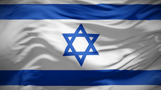 Flag of Israel on black wooden background, top view and space for text. National symbol