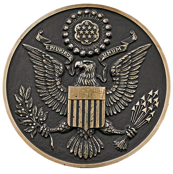 close up of a bronze plaque of a great seal of the united states,front view, clipping path