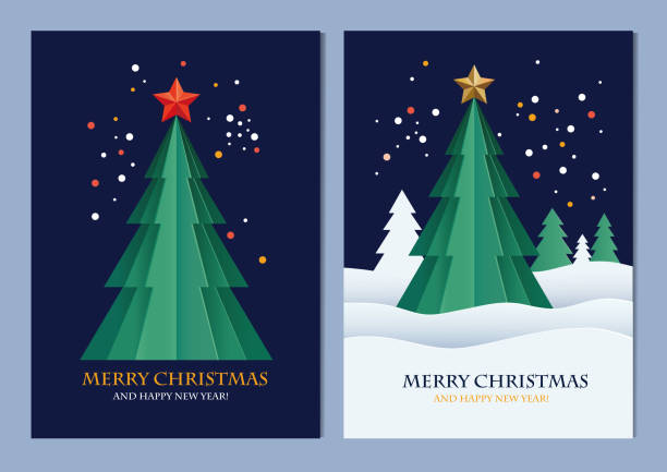 Set background for invitations, posters, banners, flyers, postcard. Minimal design with winter christmas tree and winter snow background in digital craft style, paper collage, paper cut style Set background for invitations, posters, banners, flyers, postcard. Minimal design with winter christmas tree and winter snow background in digital craft style, paper collage, paper cut style christmas tree stock illustrations